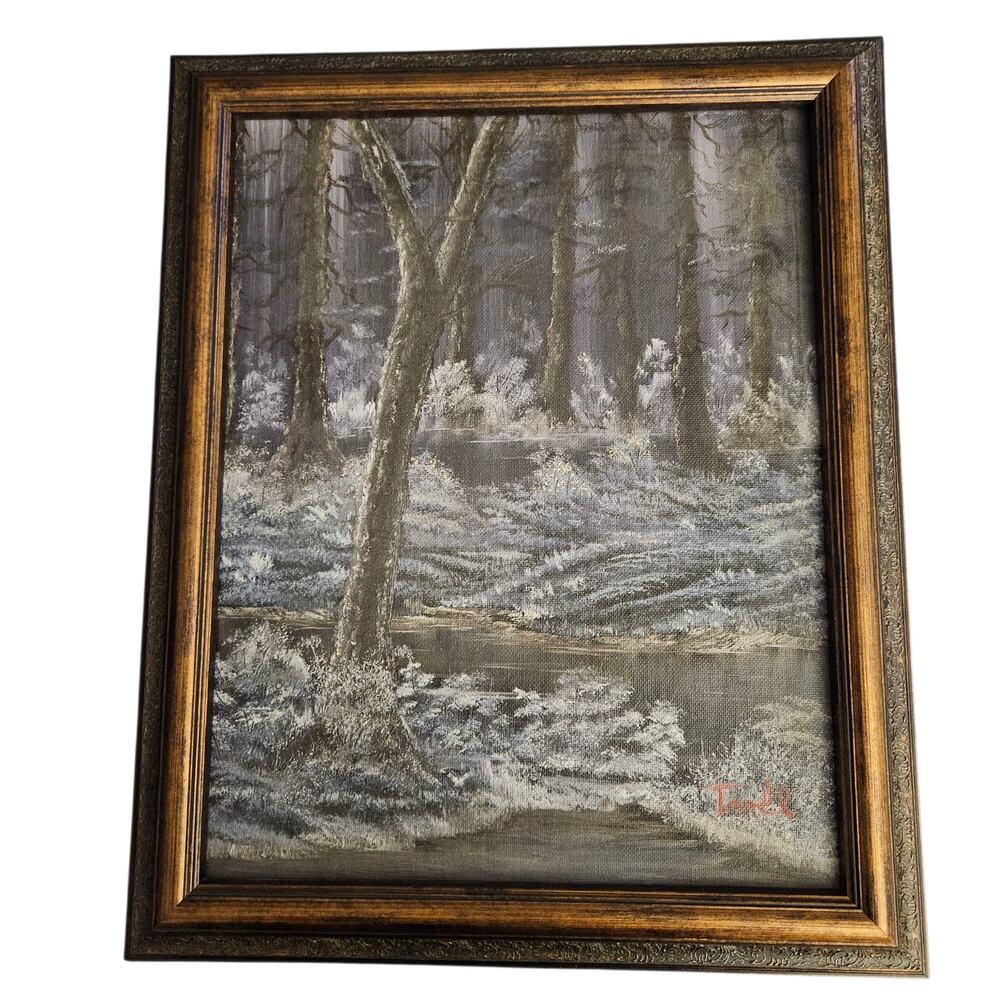 Vintage Signed Troll Woodland Stream Landscape Oil Painting Framed